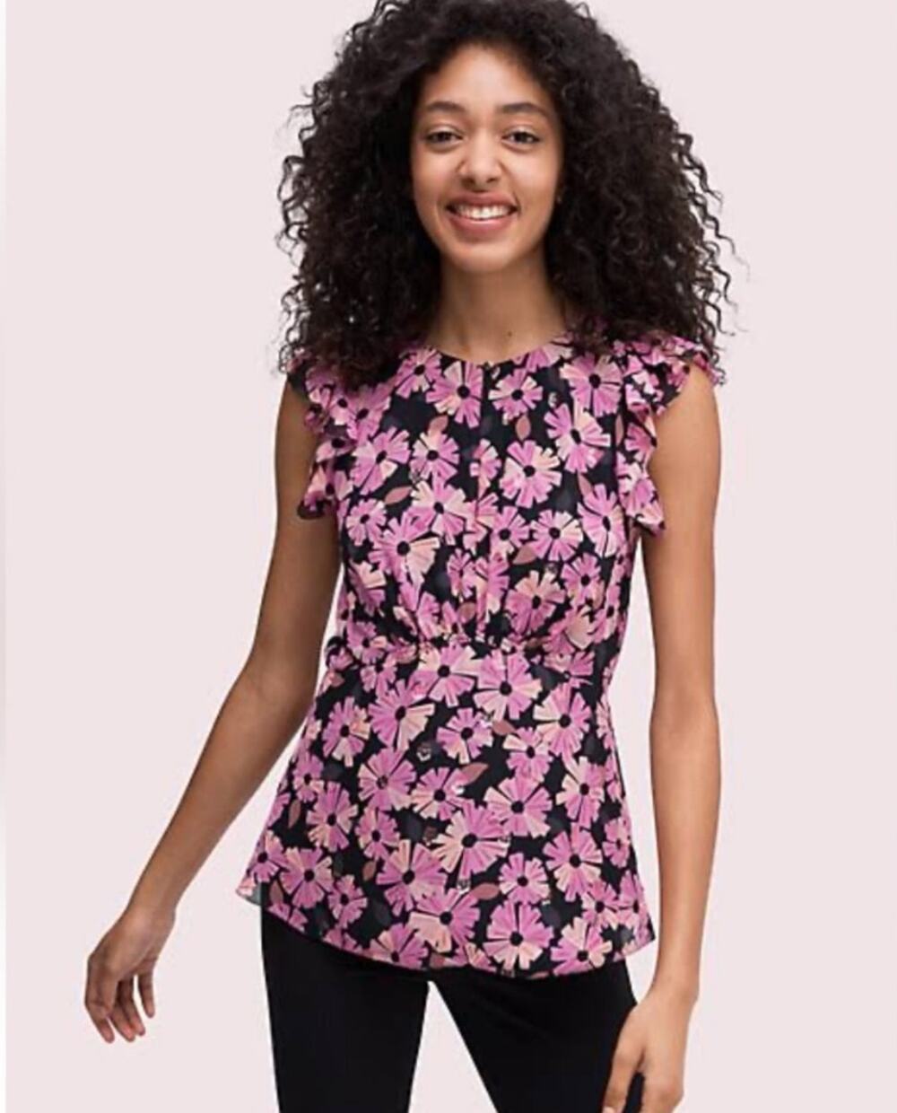 Kate Spade Chiffon Silk Blouse Top Flutter Sleeve Garden Floral Pink 2 Fairy